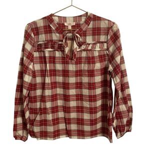 Como Vintage Plaid Tie Neck Cotton Blouse Red White Size MED NWT